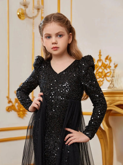 Additional product view of Mesh Overlay V-Neck Sequin Mermaid Long-Sleeve Tween Girls' Party Dress