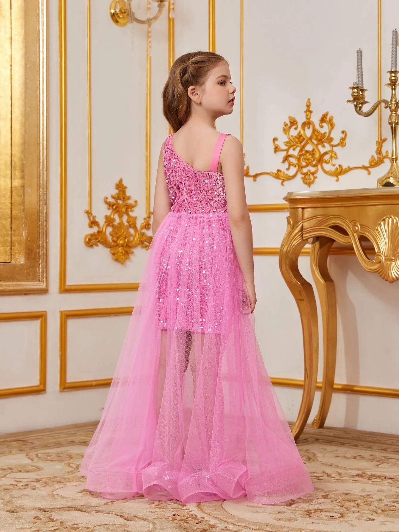 Additional product view of Mesh Overlay Asymmetrical Neckline Sequin A-Line Sleeveless Tween Girls' Party Dress
