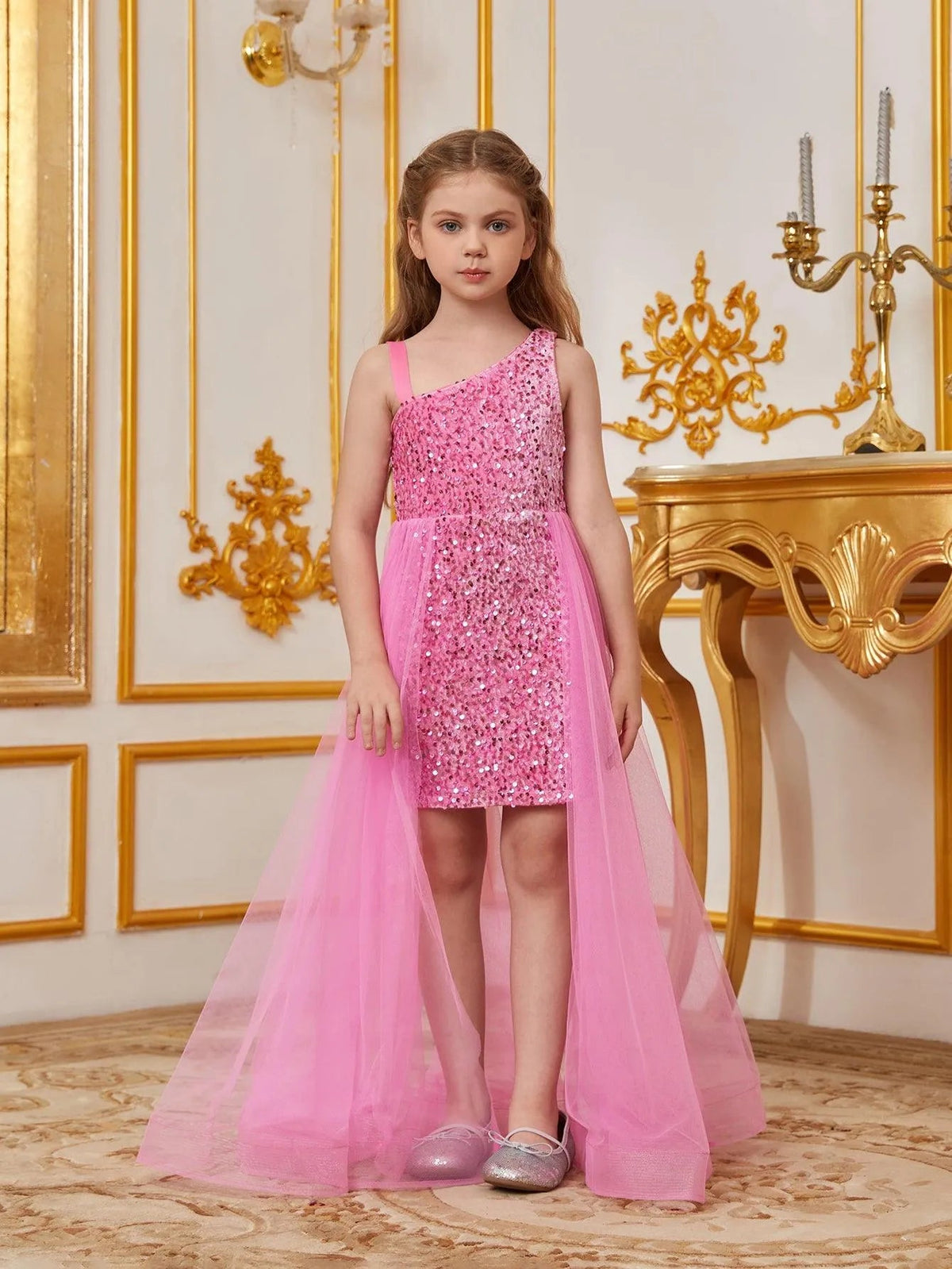 Additional product view of Mesh Overlay Asymmetrical Neckline Sequin A-Line Sleeveless Tween Girls' Party Dress