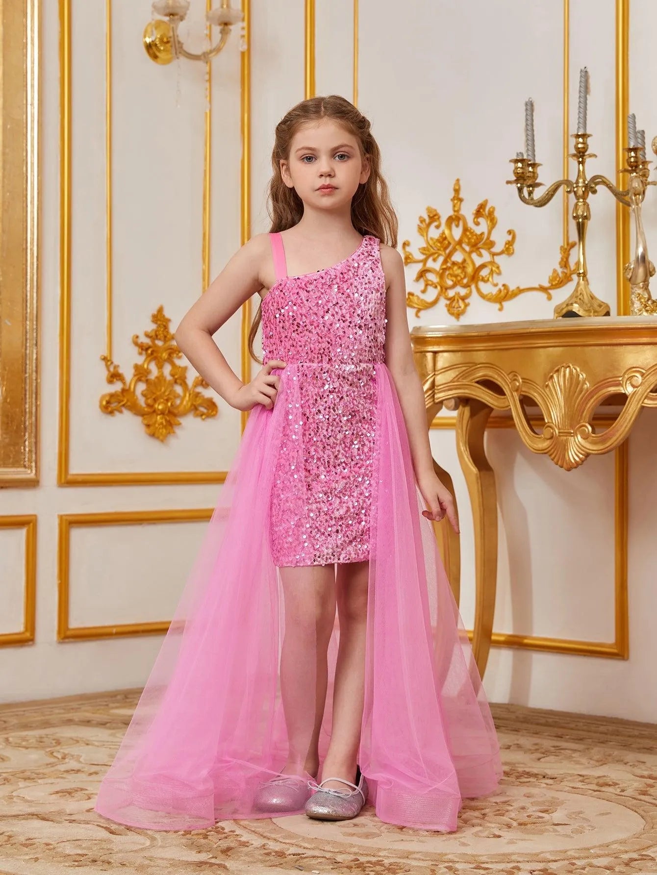Alternate view of Mesh Overlay Asymmetrical Neckline Sequin A-Line Sleeveless Tween Girls' Party Dress in Pink