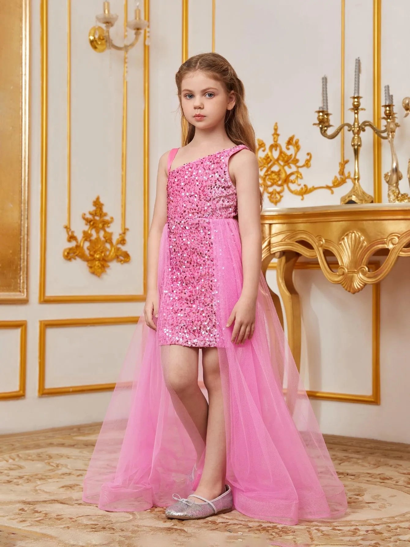 Additional product view of Mesh Overlay Asymmetrical Neckline Sequin A-Line Sleeveless Tween Girls' Party Dress