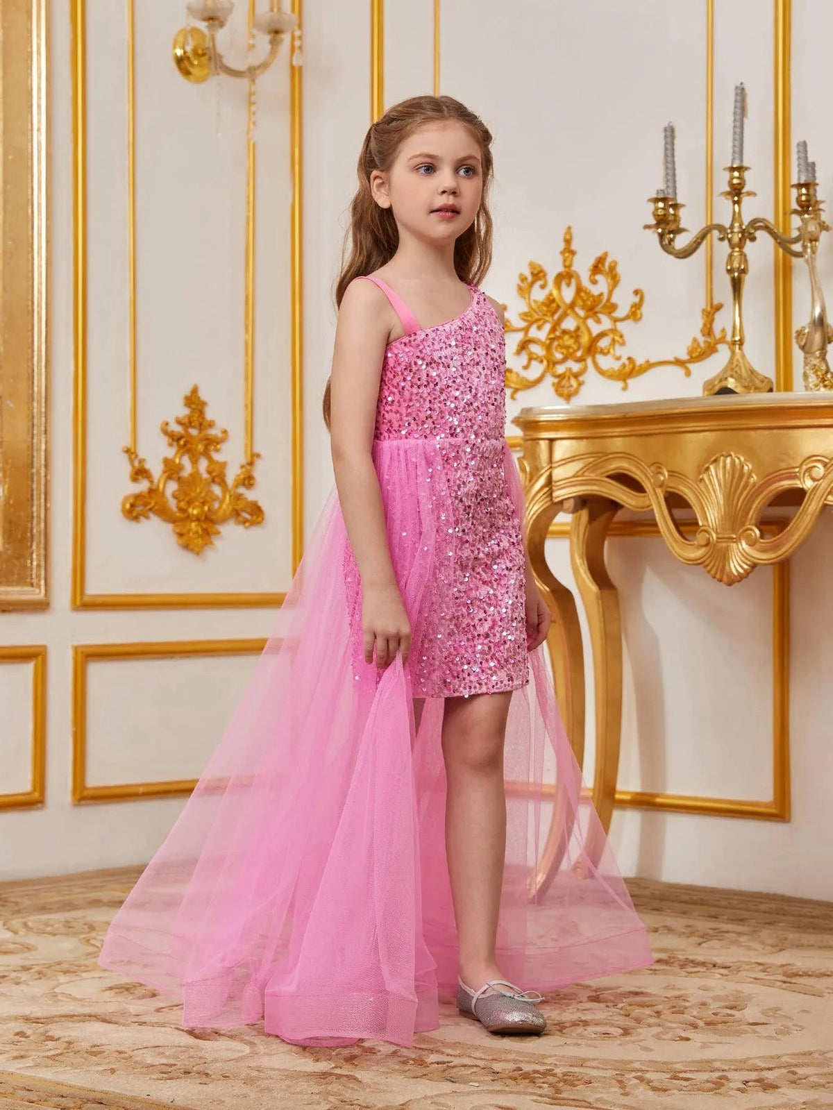 Additional product view of Mesh Overlay Asymmetrical Neckline Sequin A-Line Sleeveless Tween Girls' Party Dress