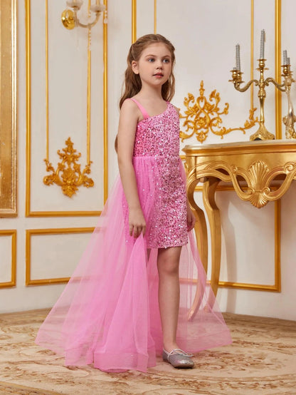 Additional product view of Mesh Overlay Asymmetrical Neckline Sequin A-Line Sleeveless Tween Girls' Party Dress