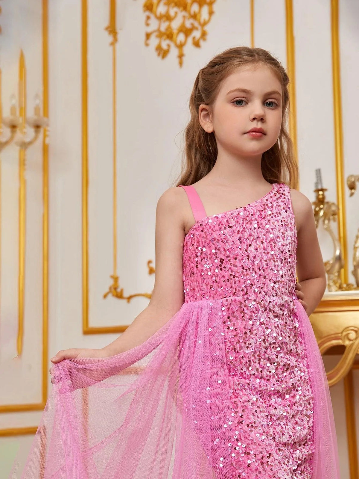 Additional product view of Mesh Overlay Asymmetrical Neckline Sequin A-Line Sleeveless Tween Girls' Party Dress