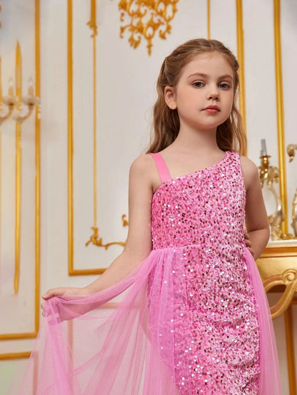 Additional product view of Mesh Overlay Asymmetrical Neckline Sequin A-Line Sleeveless Tween Girls' Party Dress