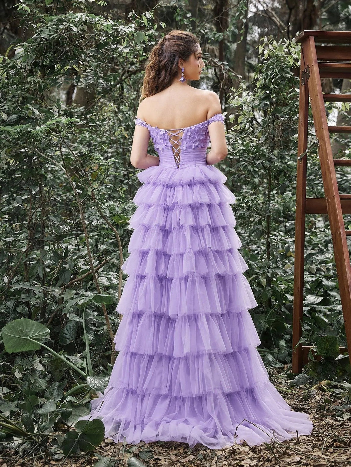 Off-Shoulder Applique Bodice Cascading Ruffle Hem Prom Dress — authorized product image 2
