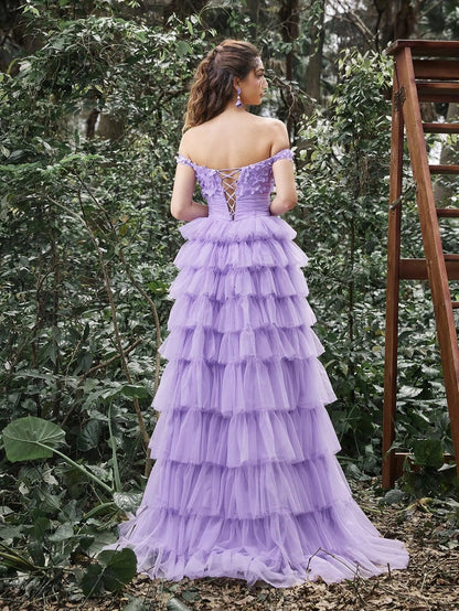 Off-Shoulder Applique Bodice Cascading Ruffle Hem Prom Dress — authorized product image 2