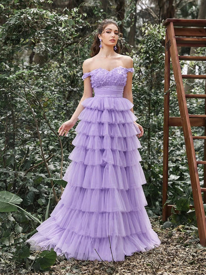 Off-Shoulder Applique Bodice Cascading Ruffle Hem Prom Dress — authorized product image 3