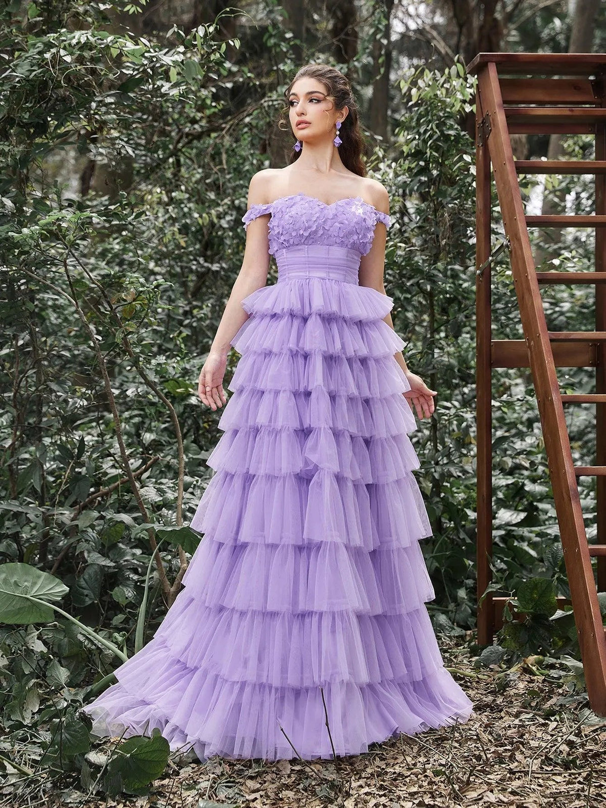 Off-Shoulder Applique Bodice Cascading Ruffle Hem Prom Dress — authorized product image 1