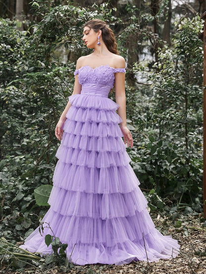 Off-Shoulder Applique Bodice Cascading Ruffle Hem Prom Dress — authorized product image 4