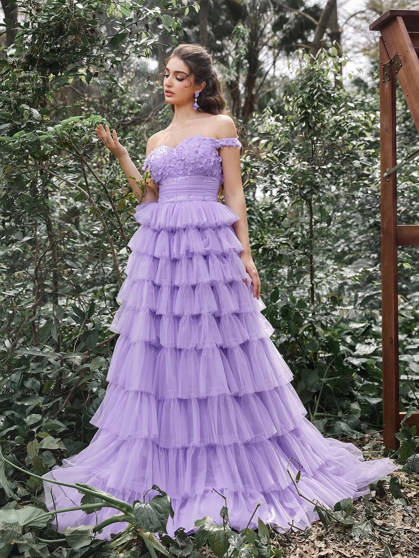 Off-Shoulder Applique Bodice Cascading Ruffle Hem Prom Dress — authorized product image 5