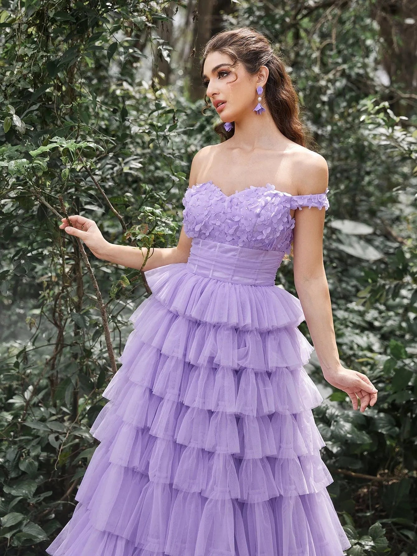 Off-Shoulder Applique Bodice Cascading Ruffle Hem Prom Dress — authorized product image 6