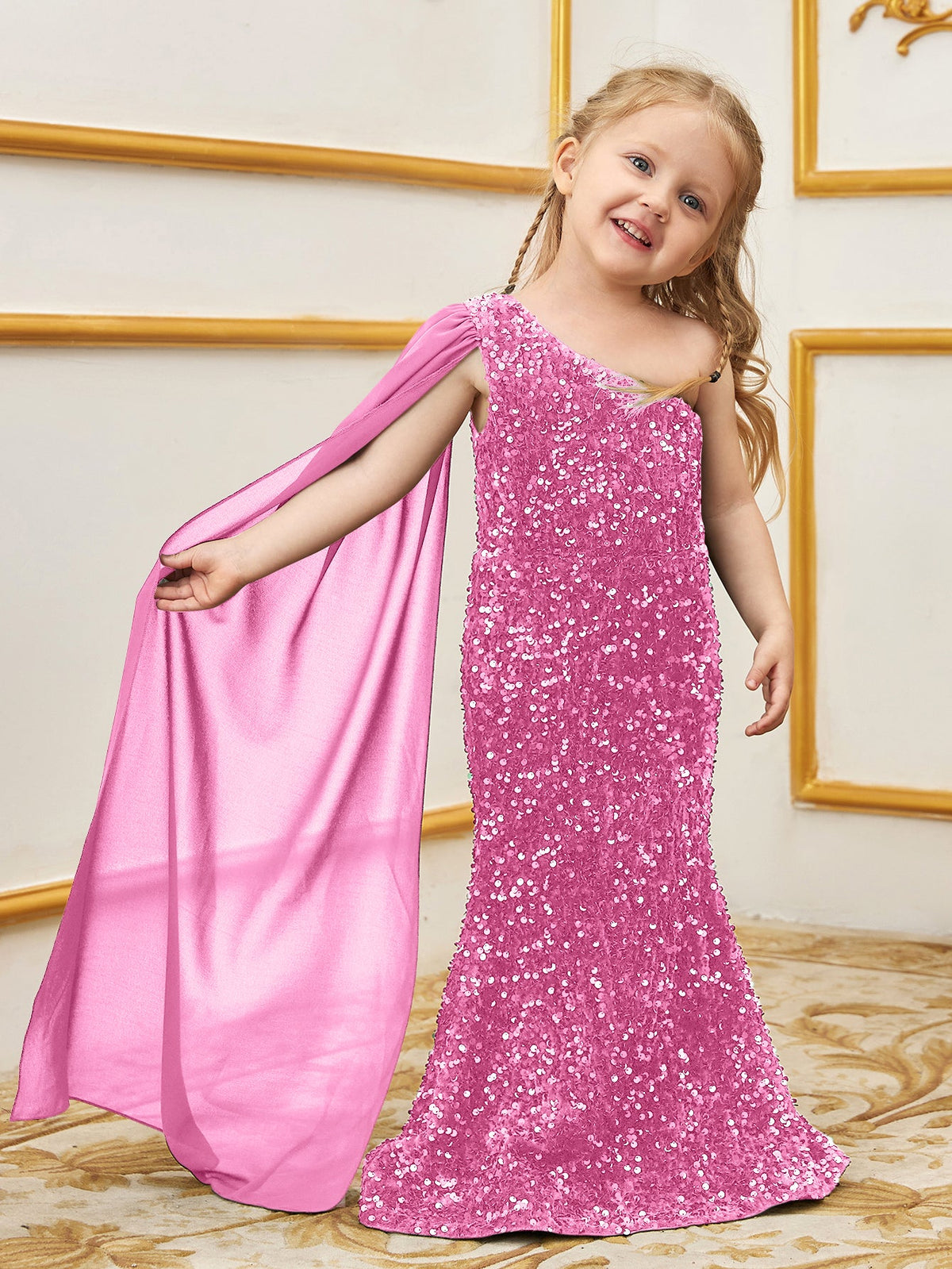 Additional product view of Draped Side One-Shoulder Sequin Mermaid Sleeveless Young Girls' Party Dress