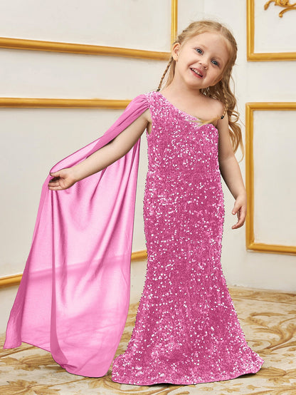 Additional product view of Draped Side One-Shoulder Sequin Mermaid Sleeveless Young Girls' Party Dress