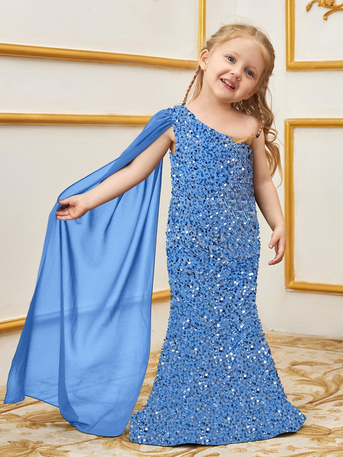 Additional product view of Draped Side One-Shoulder Sequin Mermaid Sleeveless Young Girls' Party Dress