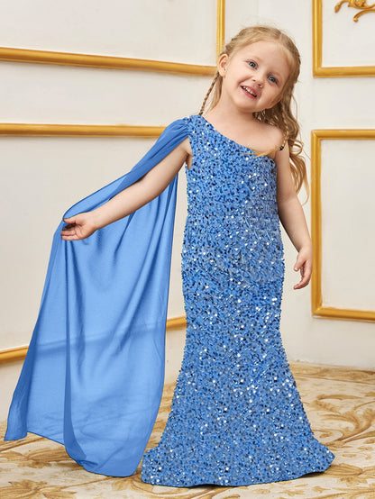 Additional product view of Draped Side One-Shoulder Sequin Mermaid Sleeveless Young Girls' Party Dress