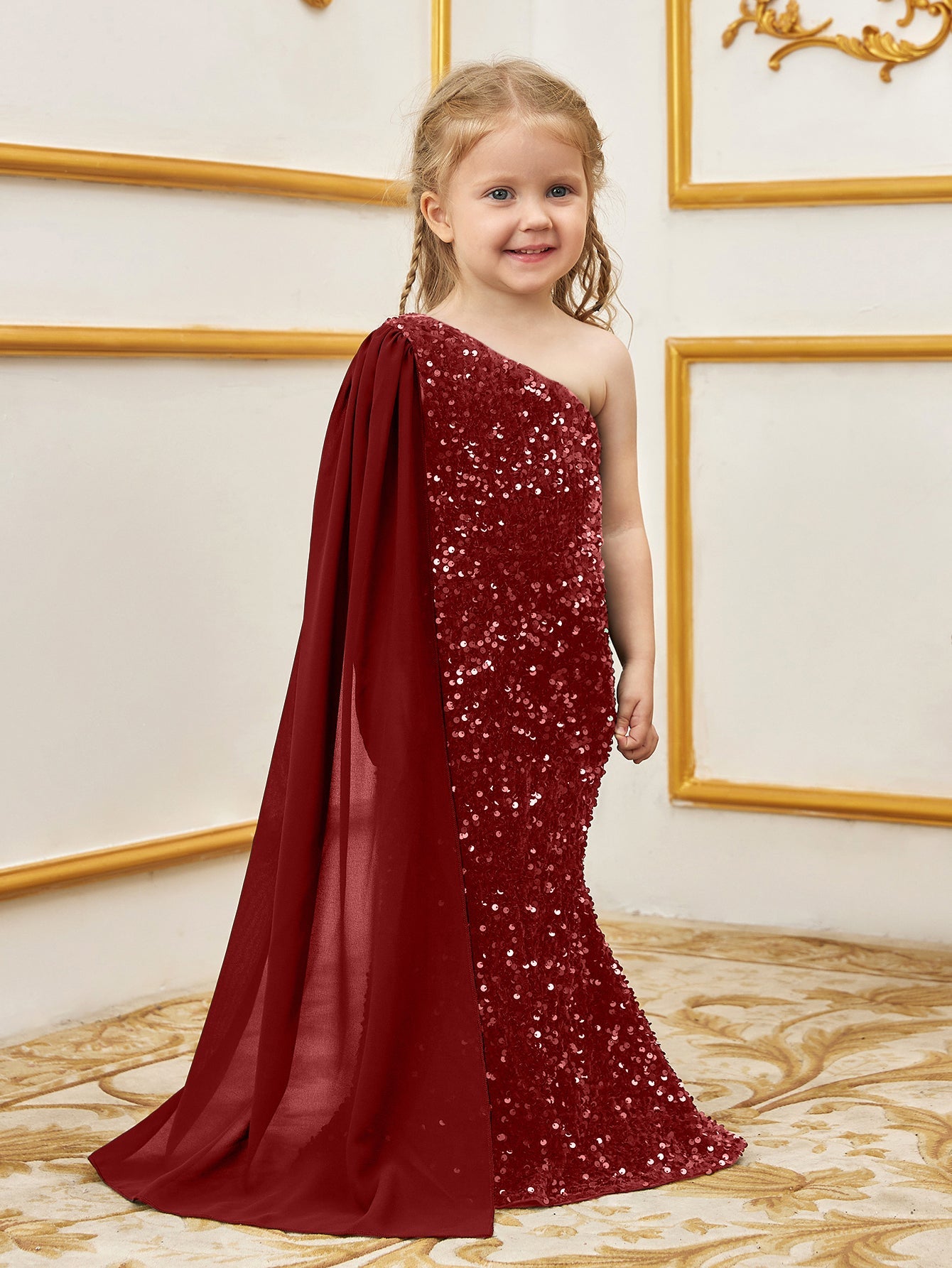 Additional product view of Draped Side One-Shoulder Sequin Mermaid Sleeveless Young Girls' Party Dress