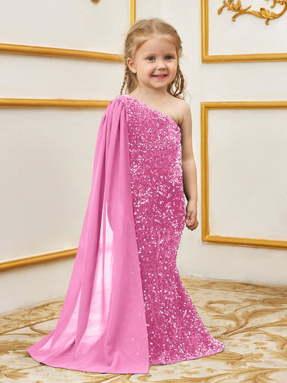 Additional product view of Draped Side One-Shoulder Sequin Mermaid Sleeveless Young Girls' Party Dress