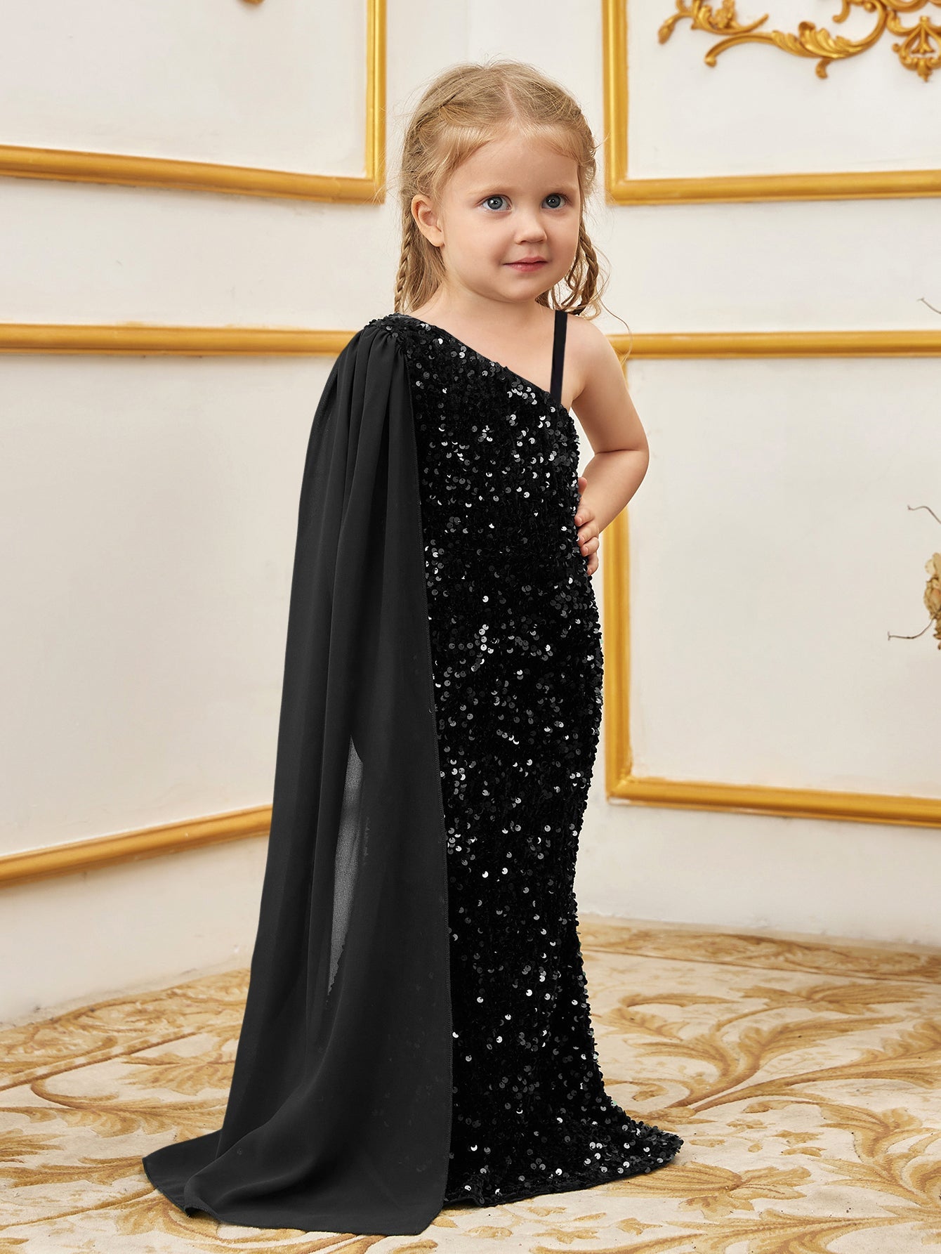 Additional product view of Draped Side One-Shoulder Sequin Mermaid Sleeveless Young Girls' Party Dress