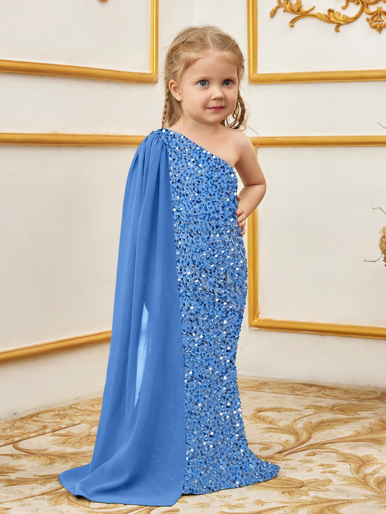 Additional product view of Draped Side One-Shoulder Sequin Mermaid Sleeveless Young Girls' Party Dress