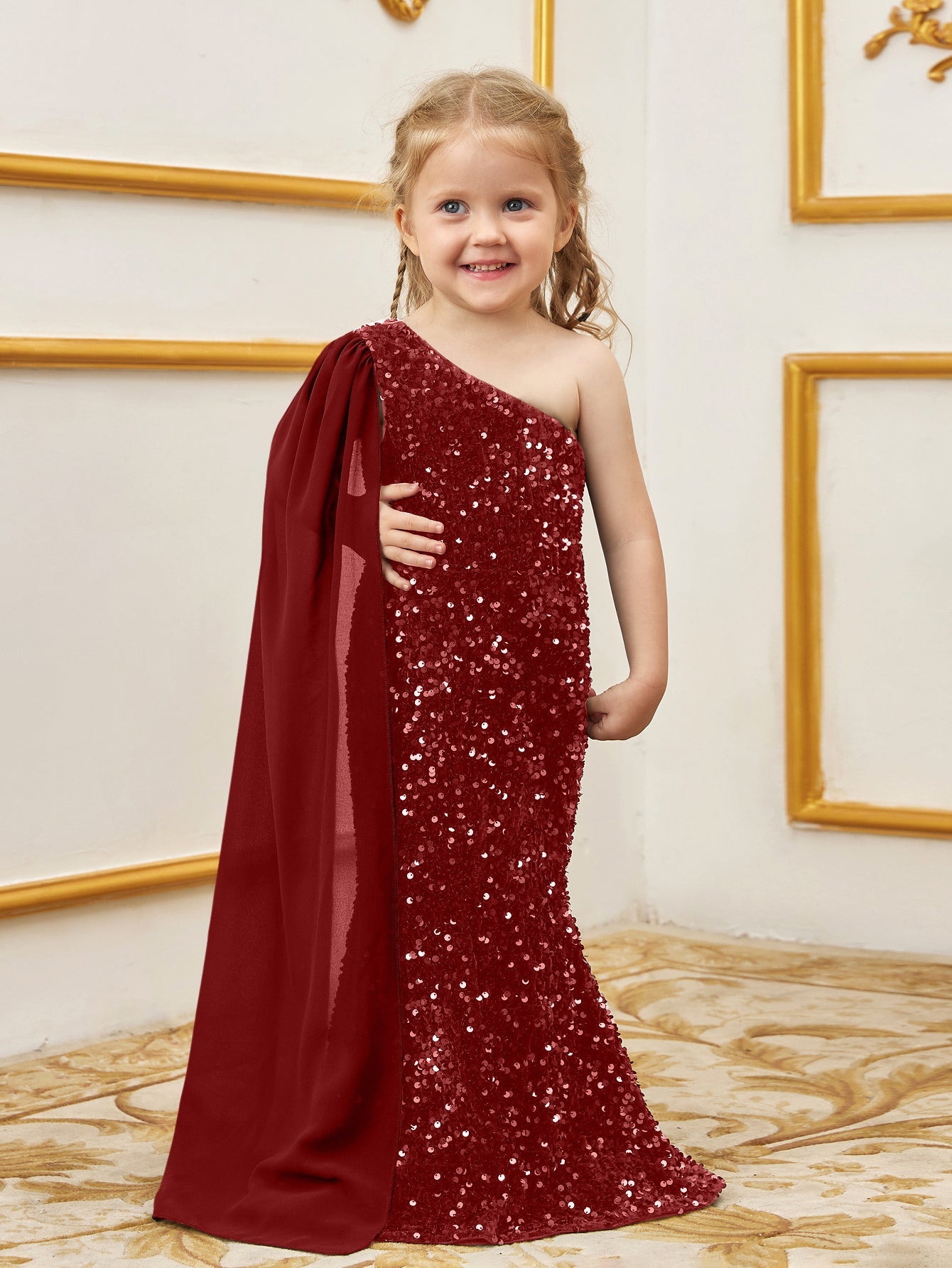 Additional product view of Draped Side One-Shoulder Sequin Mermaid Sleeveless Young Girls' Party Dress