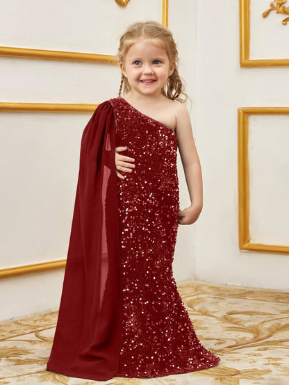 Additional product view of Draped Side One-Shoulder Sequin Mermaid Sleeveless Young Girls' Party Dress
