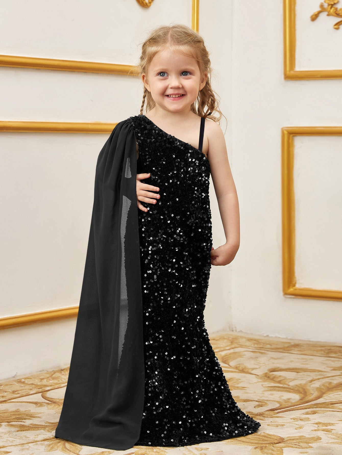 Additional product view of Draped Side One-Shoulder Sequin Mermaid Sleeveless Young Girls' Party Dress