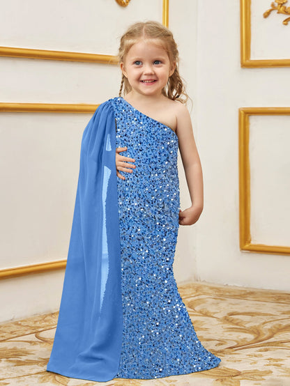 Additional product view of Draped Side One-Shoulder Sequin Mermaid Sleeveless Young Girls' Party Dress