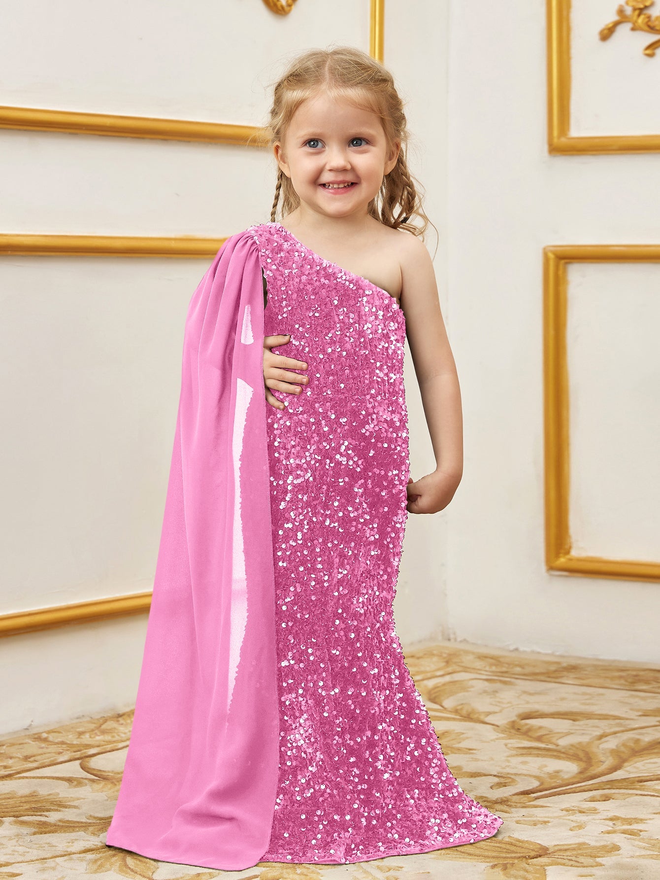 Additional product view of Draped Side One-Shoulder Sequin Mermaid Sleeveless Young Girls' Party Dress