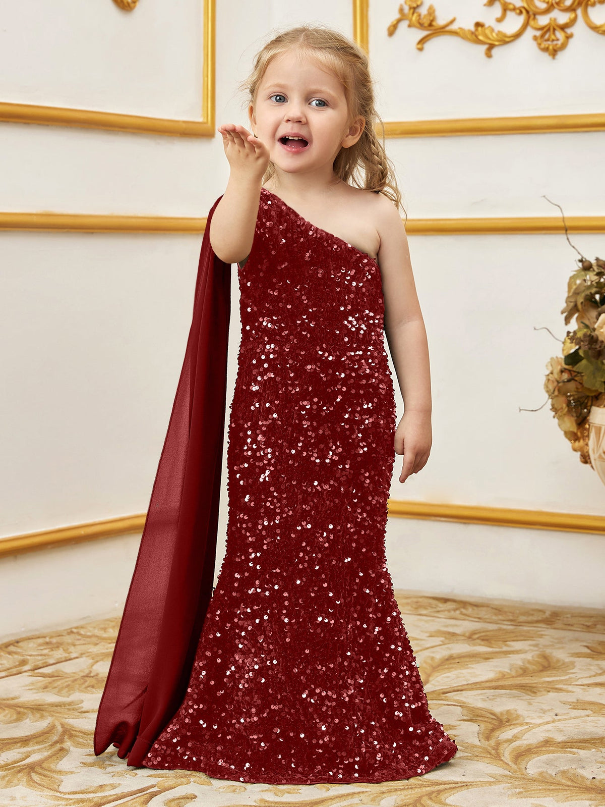 Additional product view of Draped Side One-Shoulder Sequin Mermaid Sleeveless Young Girls' Party Dress