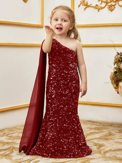 Additional product view of Draped Side One-Shoulder Sequin Mermaid Sleeveless Young Girls' Party Dress