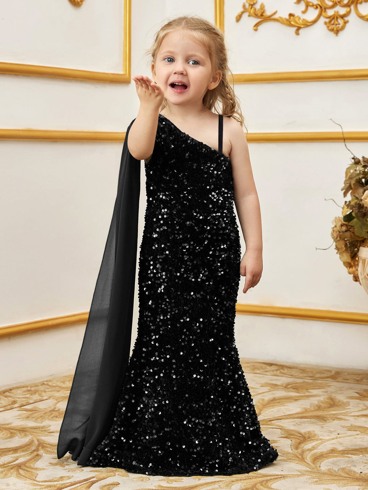 Additional product view of Draped Side One-Shoulder Sequin Mermaid Sleeveless Young Girls' Party Dress