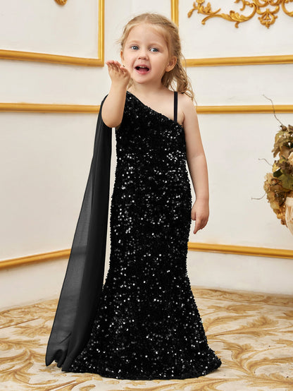 Additional product view of Draped Side One-Shoulder Sequin Mermaid Sleeveless Young Girls' Party Dress