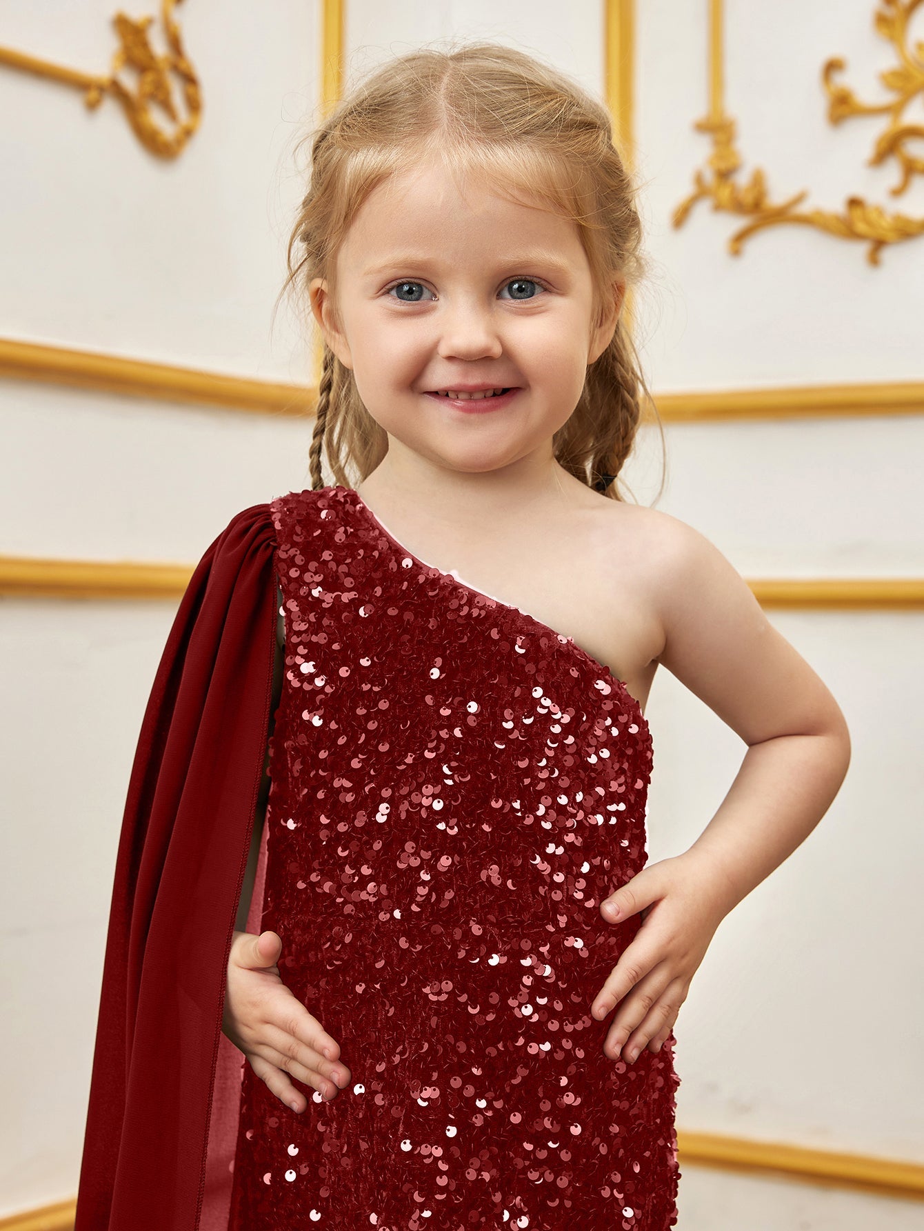 Additional product view of Draped Side One-Shoulder Sequin Mermaid Sleeveless Young Girls' Party Dress
