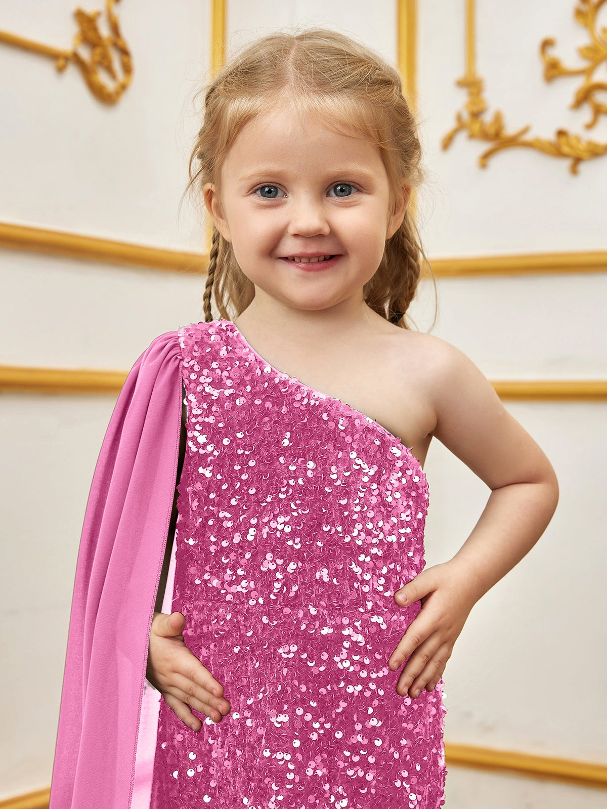 Additional product view of Draped Side One-Shoulder Sequin Mermaid Sleeveless Young Girls' Party Dress