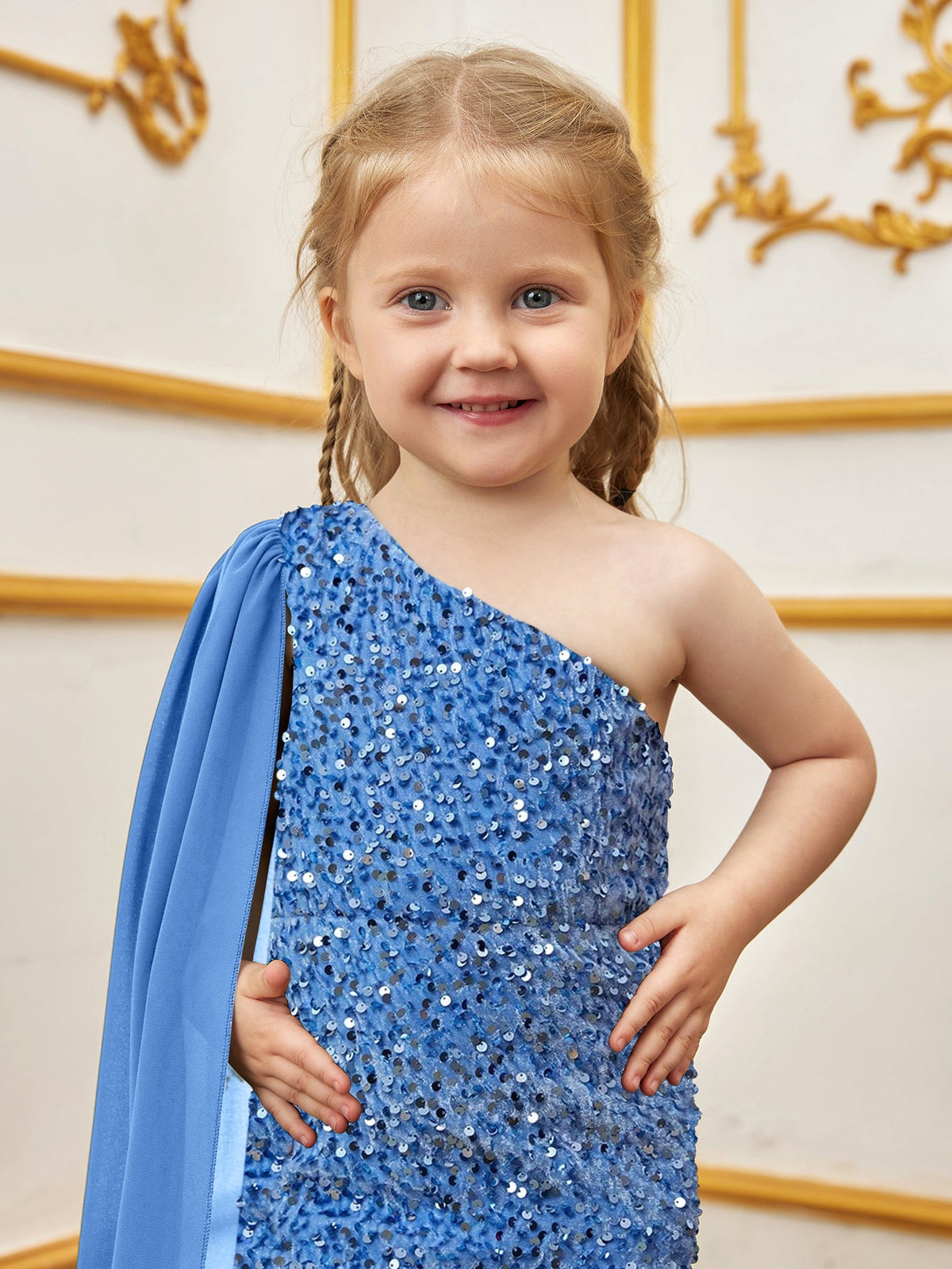 Additional product view of Draped Side One-Shoulder Sequin Mermaid Sleeveless Young Girls' Party Dress