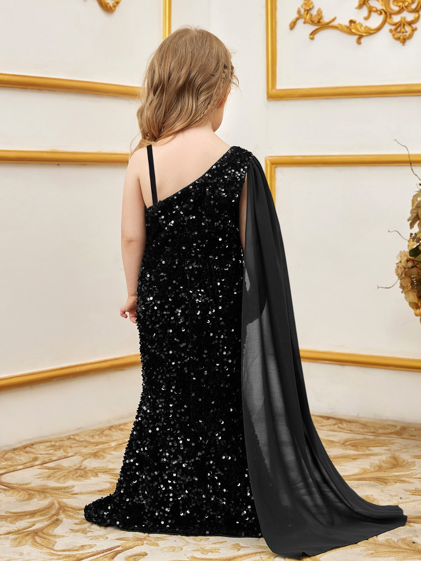 Additional product view of Draped Side One-Shoulder Sequin Mermaid Sleeveless Young Girls' Party Dress