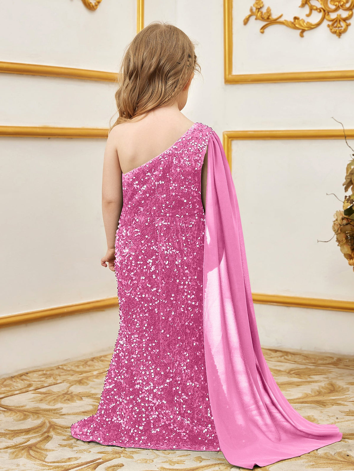 Additional product view of Draped Side One-Shoulder Sequin Mermaid Sleeveless Young Girls' Party Dress