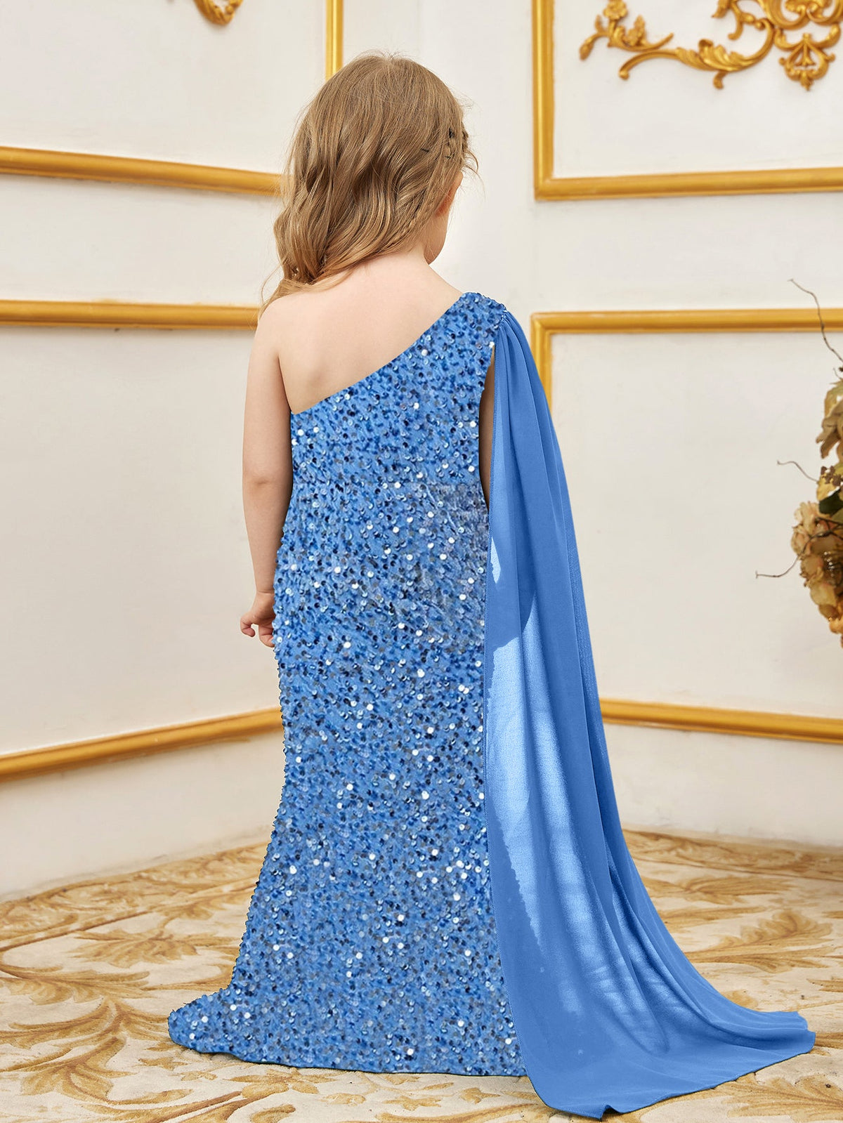 Additional product view of Draped Side One-Shoulder Sequin Mermaid Sleeveless Young Girls' Party Dress
