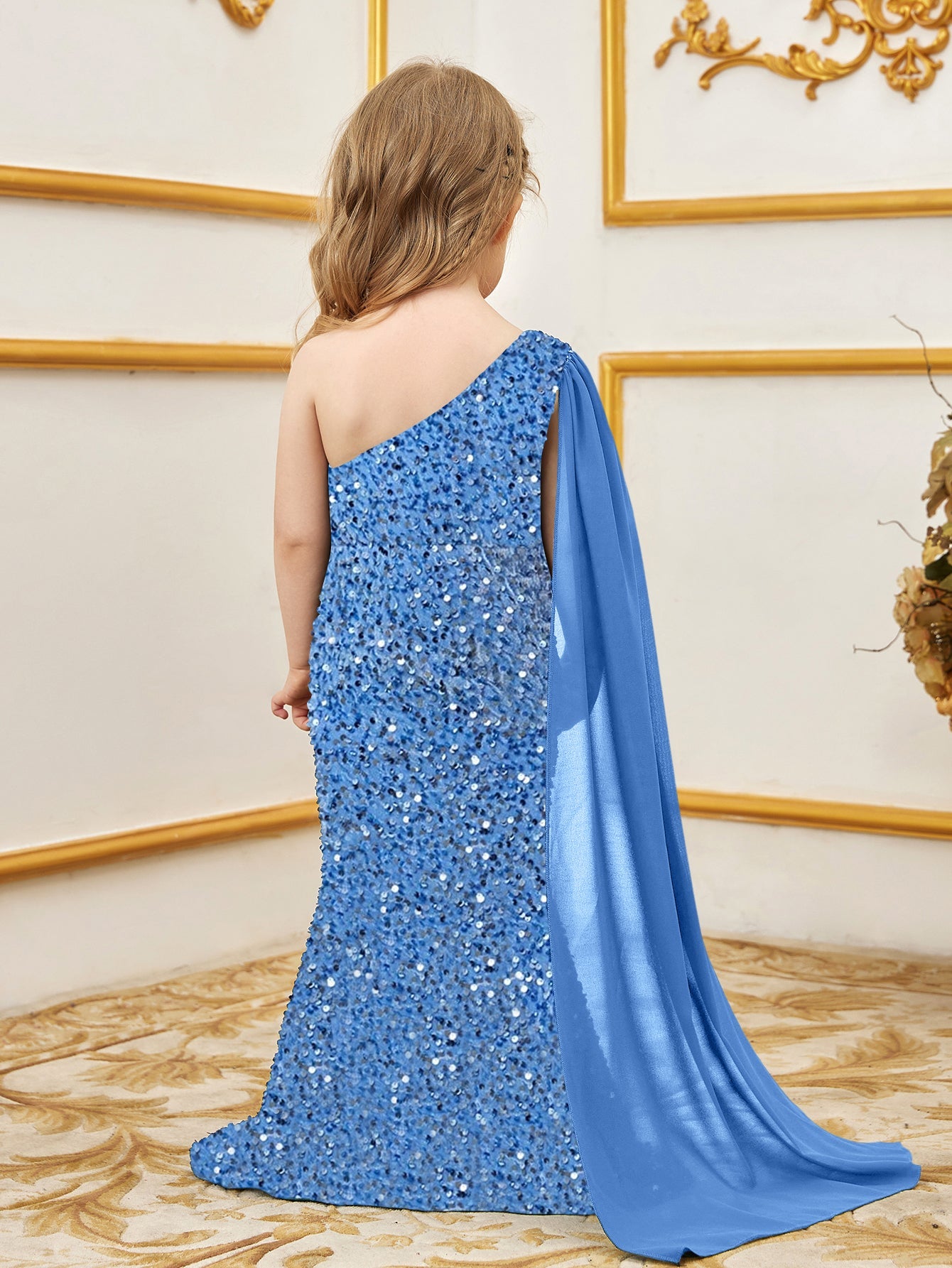Additional product view of Draped Side One-Shoulder Sequin Mermaid Sleeveless Young Girls' Party Dress