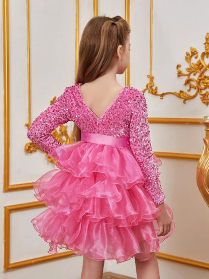 Additional product view of Sequin A-Line Long-Sleeve Midi Tween Girls' Party Dress