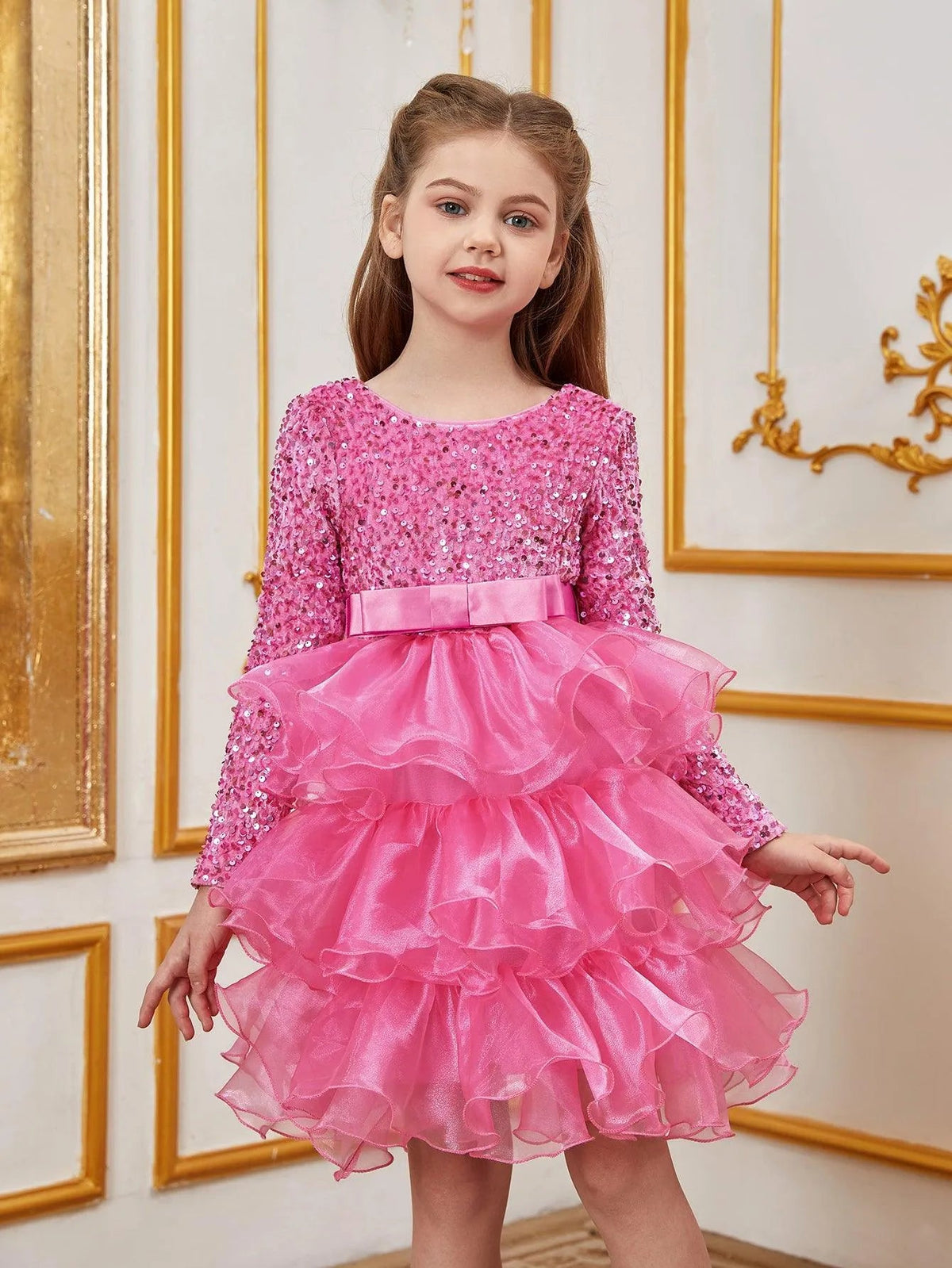 Additional product view of Sequin A-Line Long-Sleeve Midi Tween Girls' Party Dress