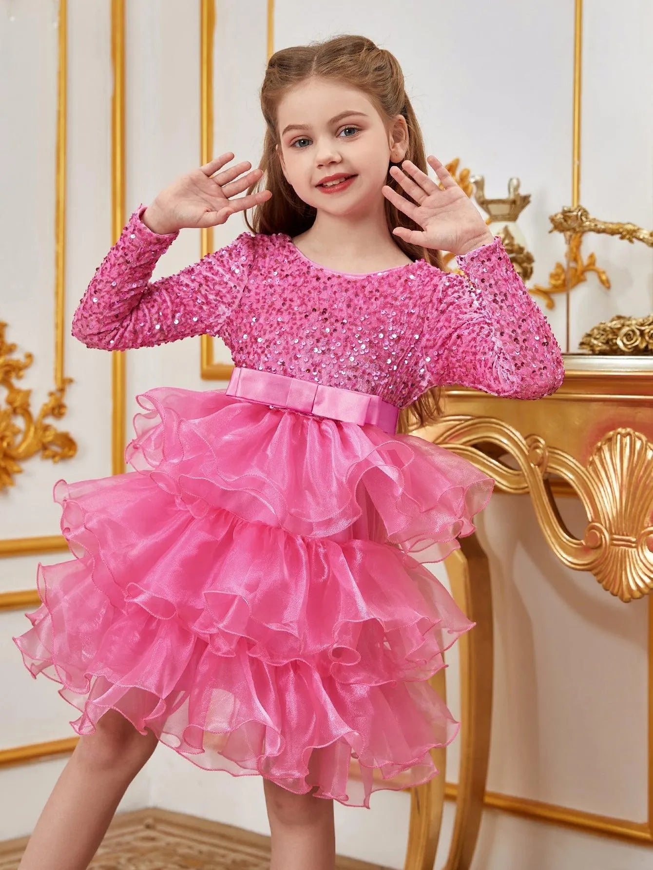 Additional product view of Sequin A-Line Long-Sleeve Midi Tween Girls' Party Dress