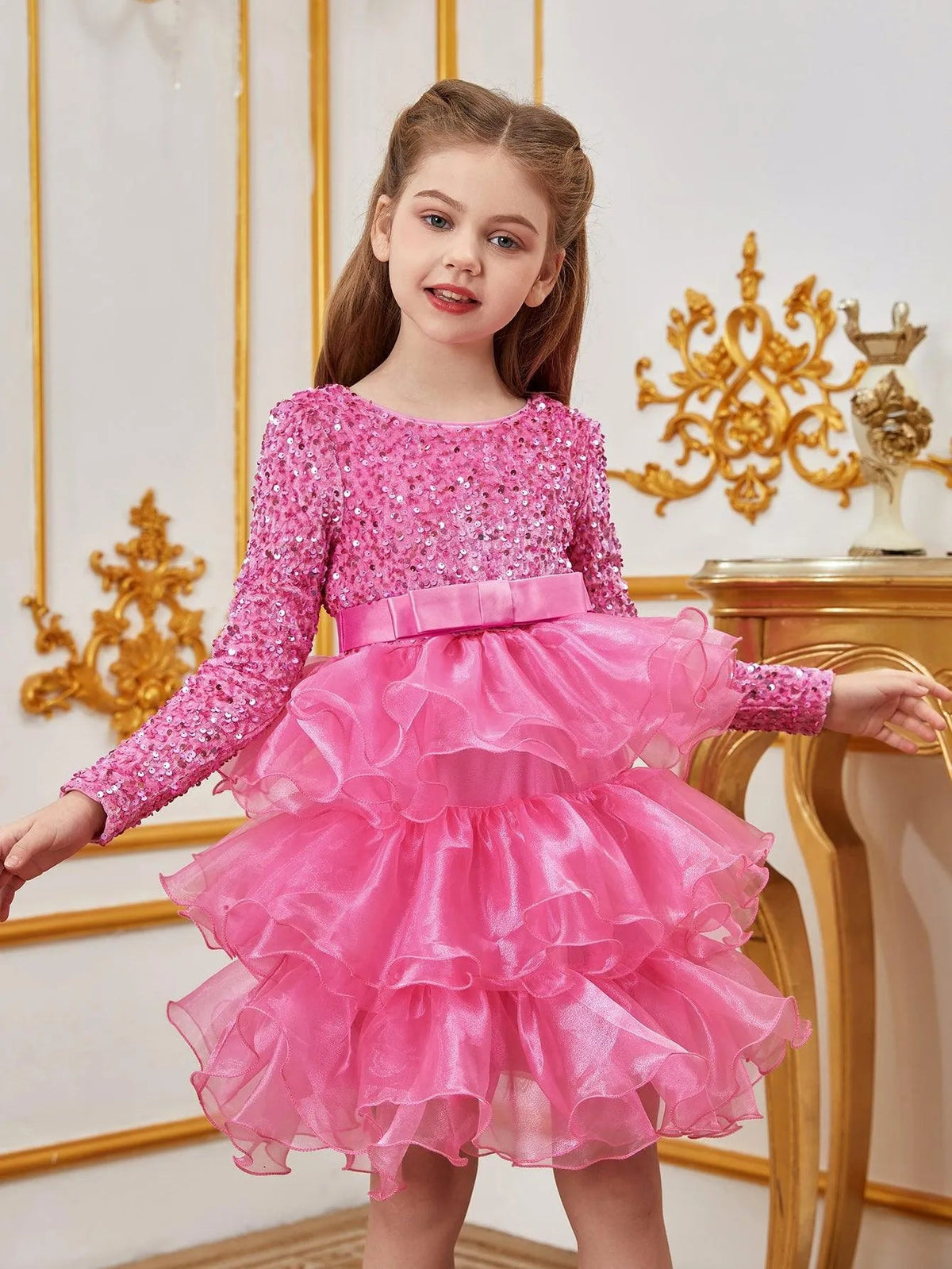 Sequin A-Line Long-Sleeve Midi Tween Girls' Party Dress in Pink