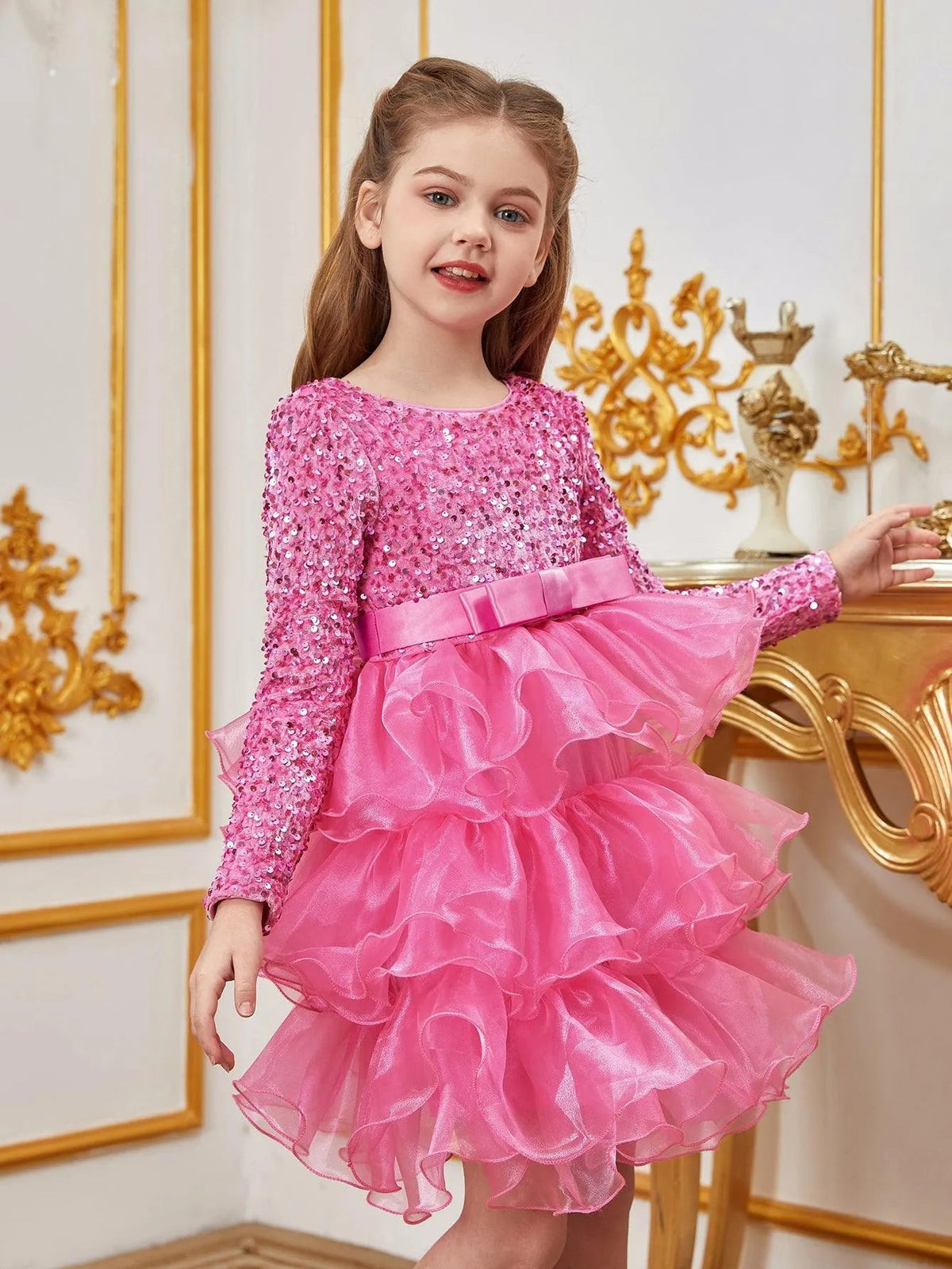 Additional product view of Sequin A-Line Long-Sleeve Midi Tween Girls' Party Dress