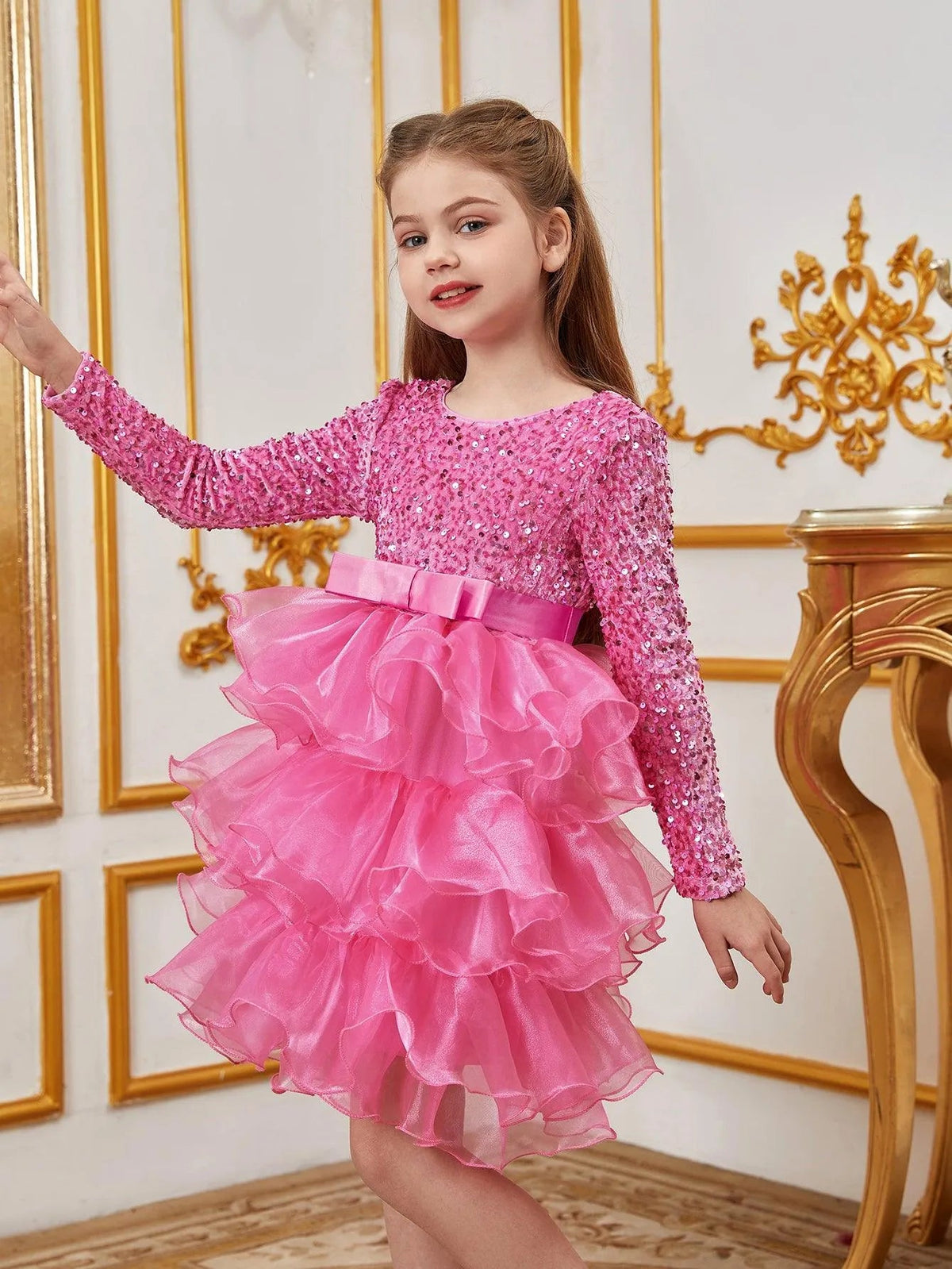 Additional product view of Sequin A-Line Long-Sleeve Midi Tween Girls' Party Dress