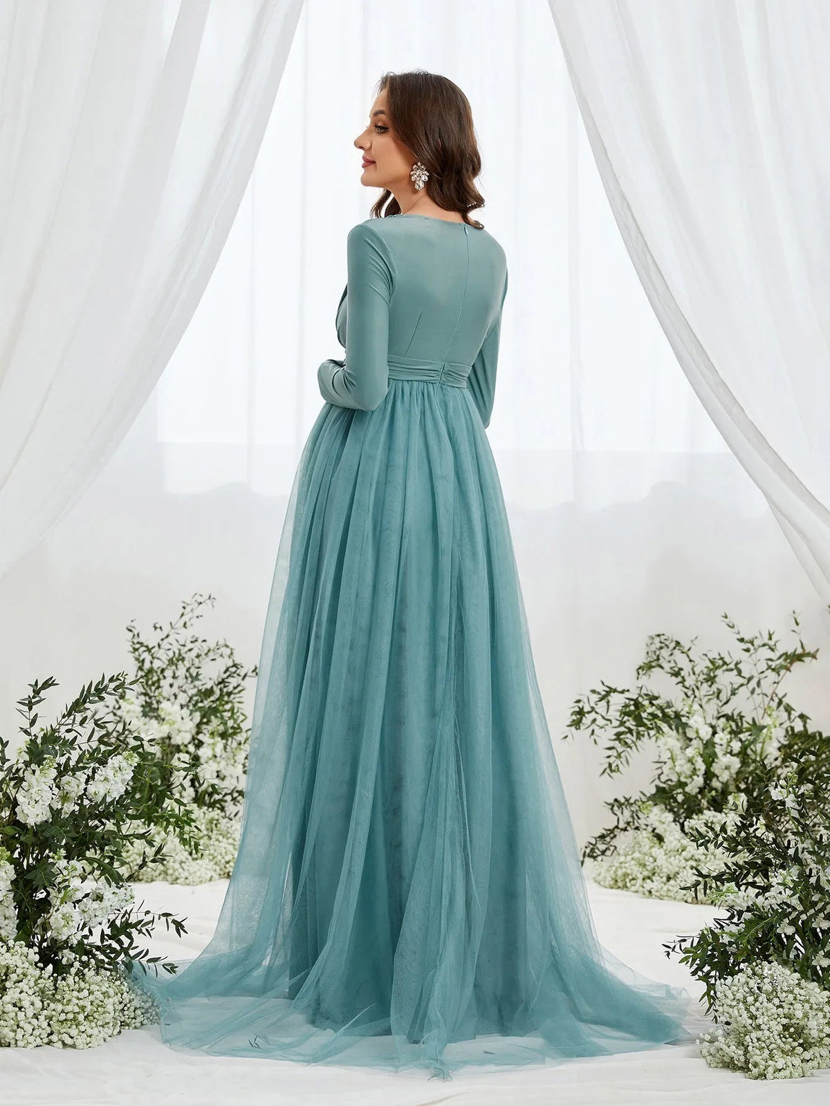 Additional product view of Contrast Mesh Plunging-Neck V-Neck Knit A-Line Maternity Evening Dress