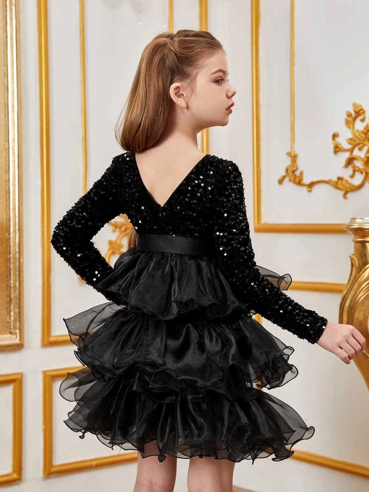 Additional product view of Sequin A-Line Long-Sleeve Midi Tween Girls' Party Dress