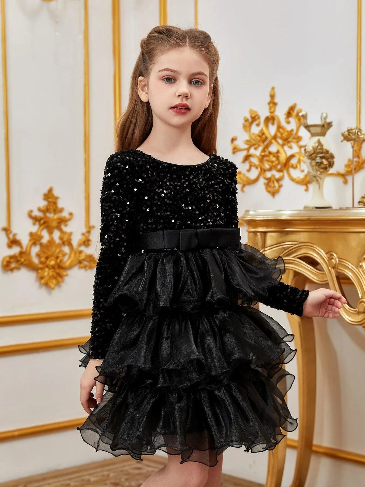 Additional product view of Sequin A-Line Long-Sleeve Midi Tween Girls' Party Dress