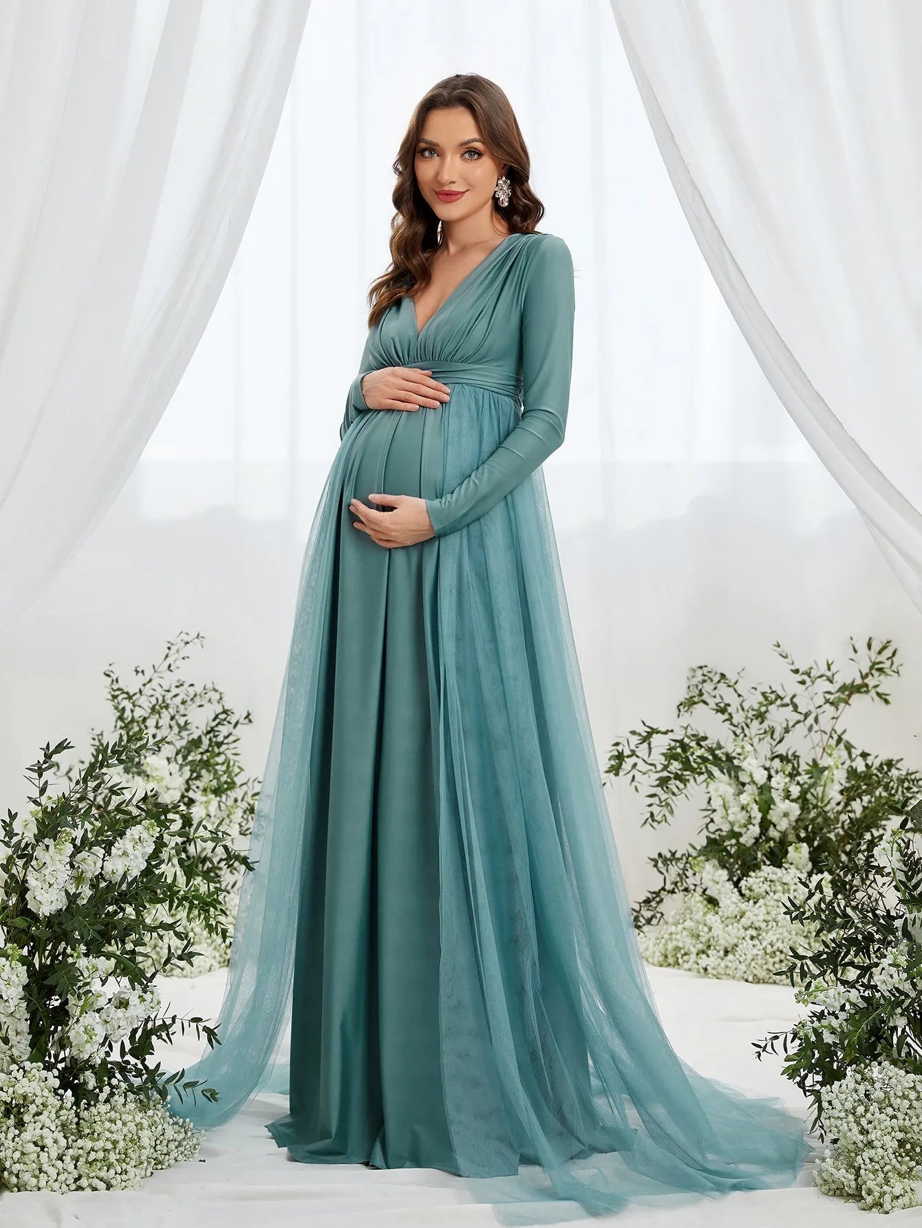 Additional product view of Contrast Mesh Plunging-Neck V-Neck Knit A-Line Maternity Evening Dress